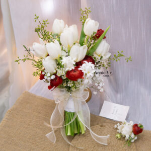 Hoa Cưới Mao Lương Đỏ mix Tulip Trắng, Hạt Mễ D754