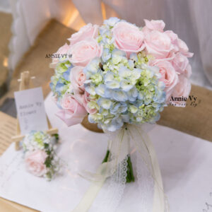 Hoa Cưới Hồng Pastel mix Cẩm Tú Cầu Xanh E676