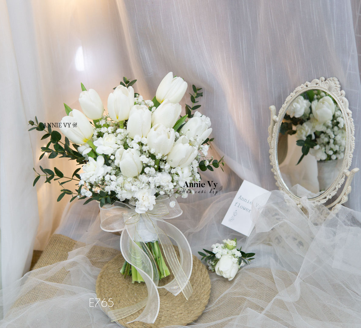 Hoa Cưới Tulip Trắng mix Phăng Trắng E765 - Image 4