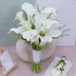 Hoa Cưới Calla Trắng mix Lá Cỏ Đồng Tiền G032