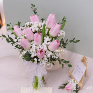Hoa Cưới Tulip Hồng mix Baby, Lá Bạc Nhí G068