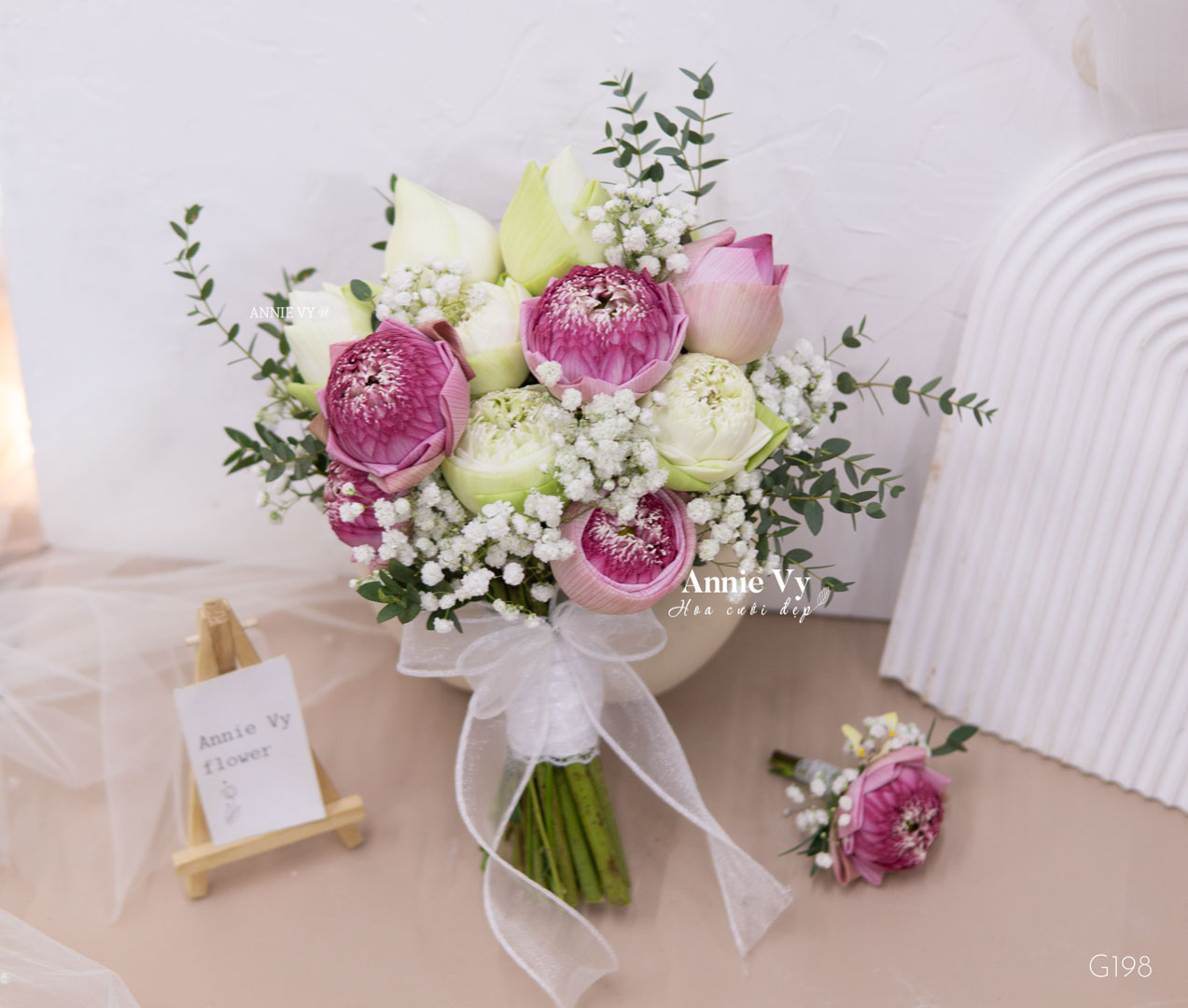 Hoa Cưới Sen Hồng Mix Sen Trắng, Baby, Lá Bạc Nhí G198 - Image 3
