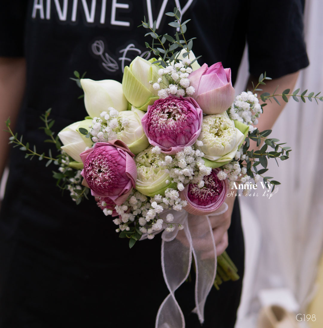 Hoa Cưới Sen Hồng Mix Sen Trắng, Baby, Lá Bạc Nhí G198 - Image 2