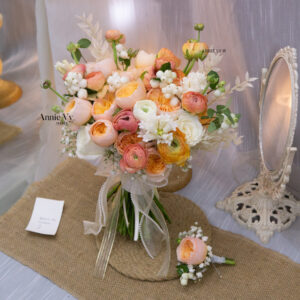 Hoa Cưới Mao Lương Đào mix Juliet Cam, Snowberry Trắng D727
