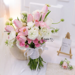 Hoa Cưới Mao Lương Trắng mix Tulip Hồng, Phăng Hồng G385
