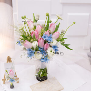 Hoa Cưới Mao Lương Trắng mix Tulip Hồng, Sao Xanh Nhật G539