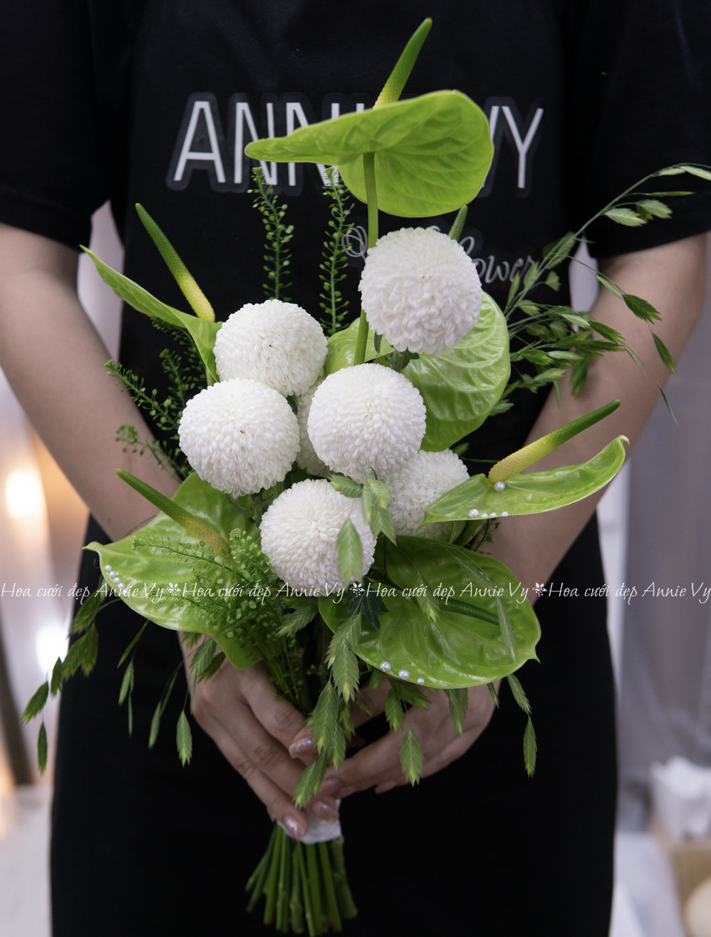 Hoa Cưới Hồng Môn Xanh Lá mix Cúc Ping Pong H051 - Image 2