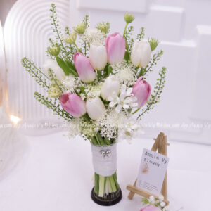 Hoa Cưới Tulip Hồng mix Tulip Trắng, Voan H101