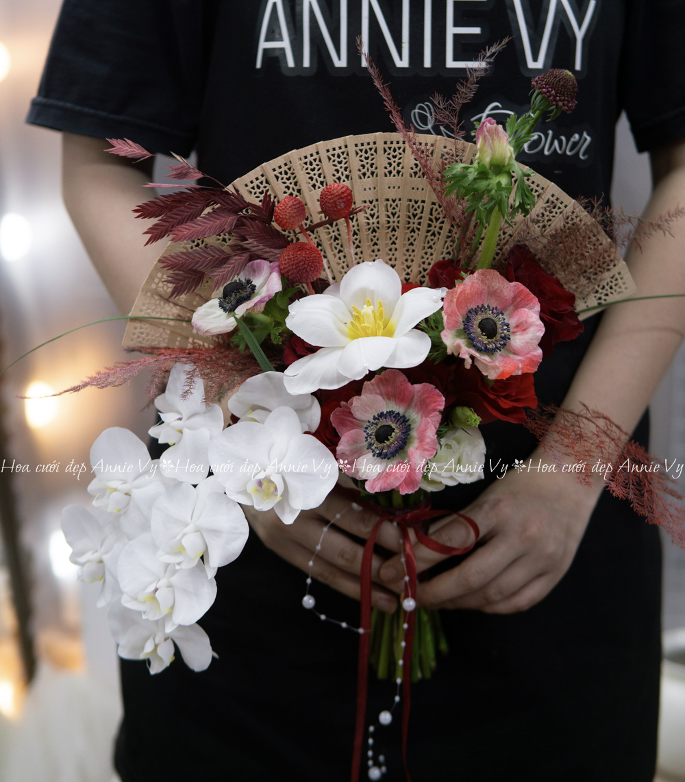Hoa Cưới Quạt Xòe Hoa Hải Quỳ mix Lan Mini H278 - Image 2