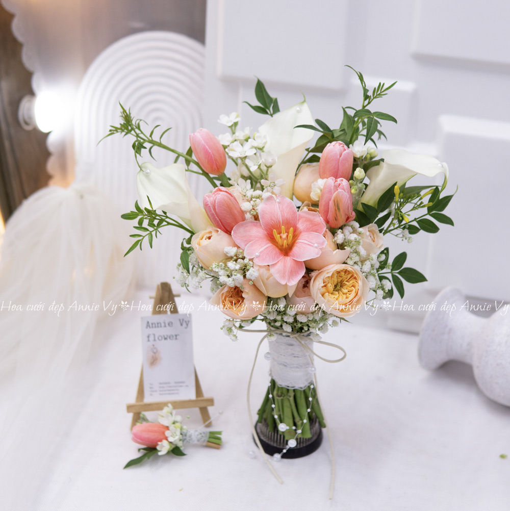 Hoa Cưới Calla mix Tulip Hồng Đào H300