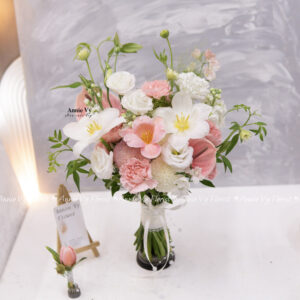 Hoa Cưới Tulip Trắng mix Phăng Hồng, Lá Jasmine H408