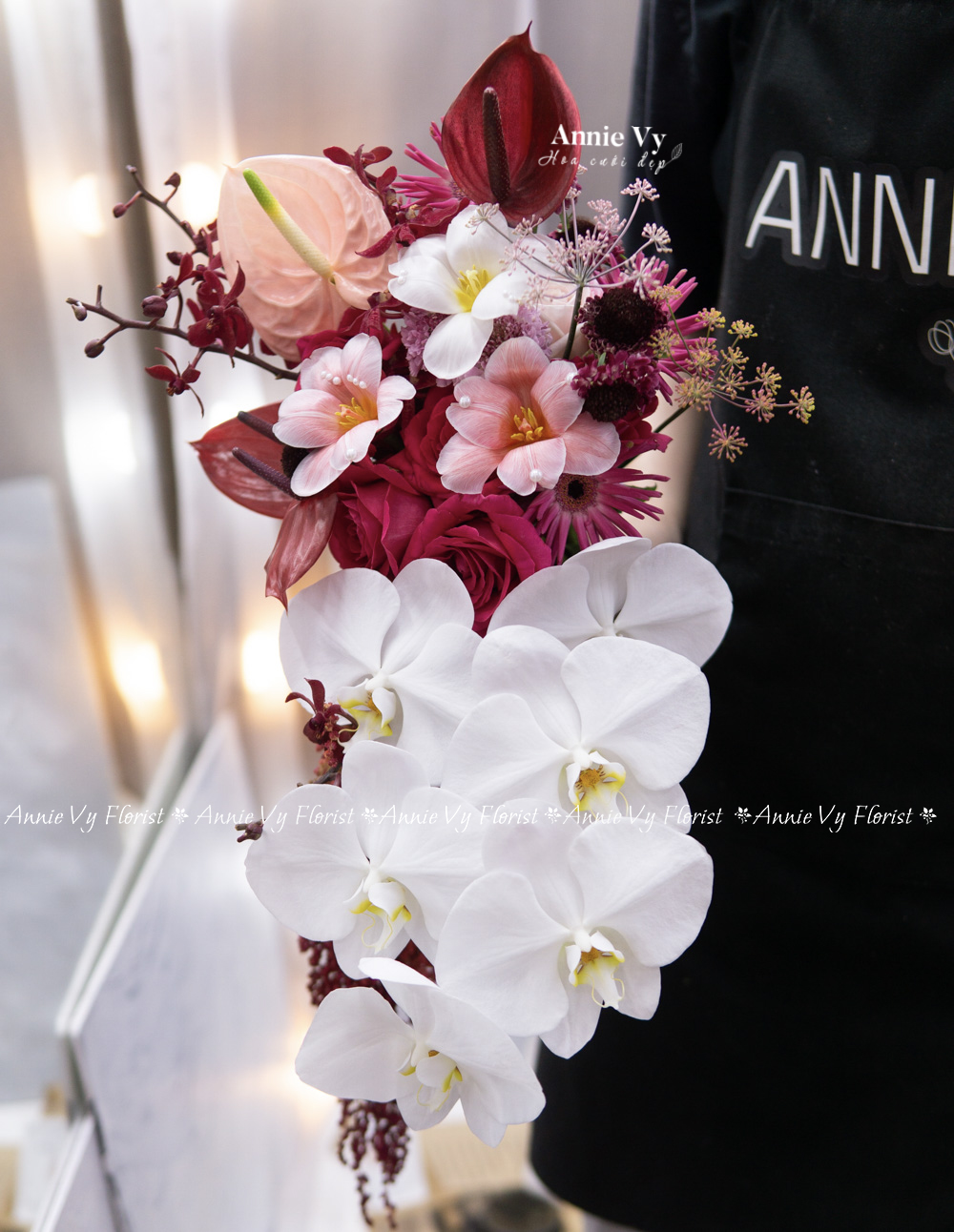 Hoa Cưới Thác Đổ Hồng Pinkploy mix Tulip Hồng Đào, Dền Rũ Đỏ H571 - Image 4