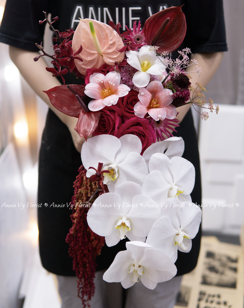 Hoa Cưới Thác Đổ Hồng Pinkploy mix Tulip Hồng Đào, Dền Rũ Đỏ H571 - Image 3