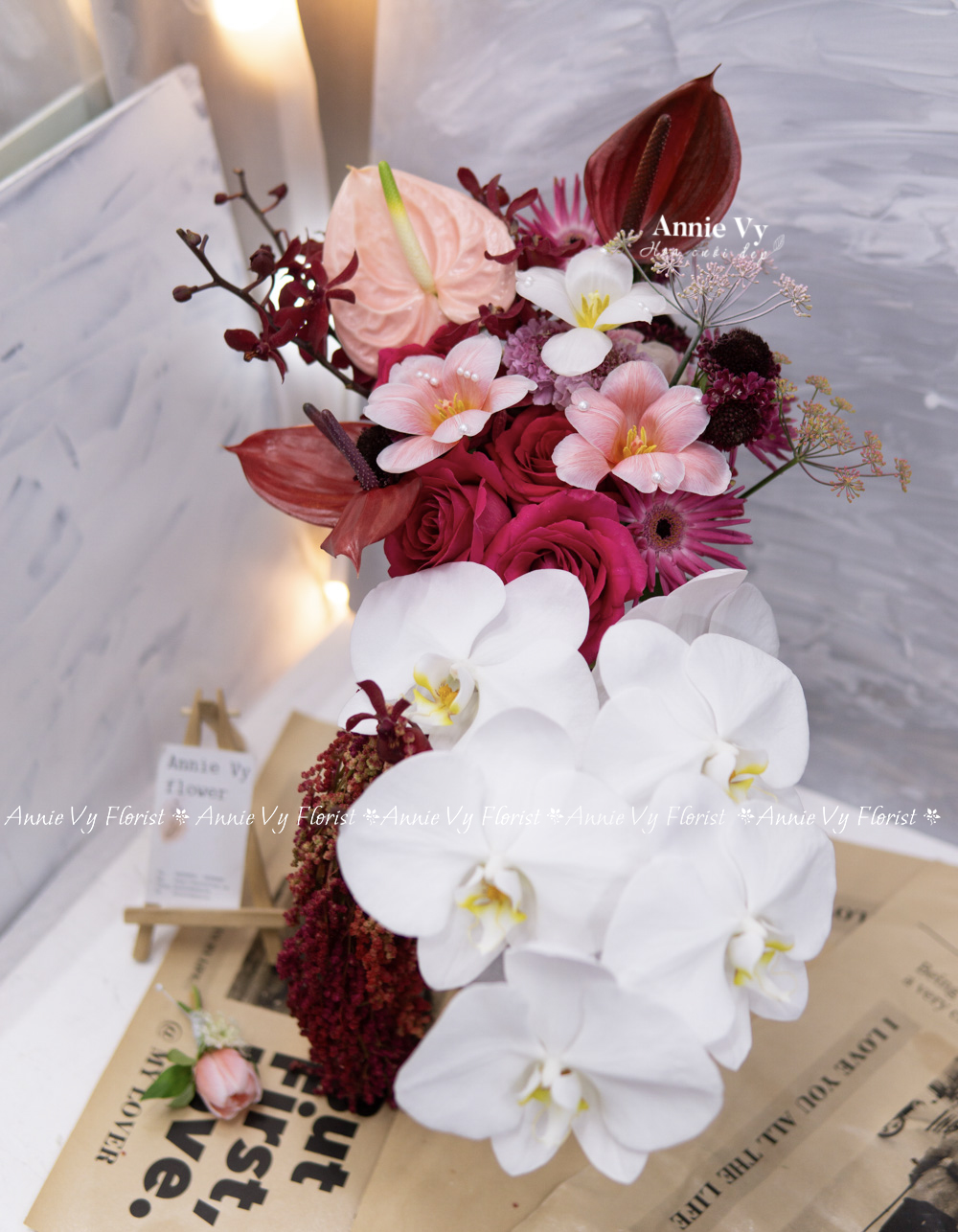 Hoa Cưới Thác Đổ Hồng Pinkploy mix Tulip Hồng Đào, Dền Rũ Đỏ H571 - Image 2