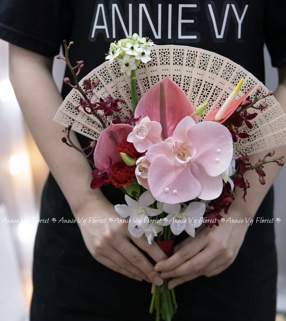 Hoa Cưới Quạt Xòe Lan Hồng mix Lan Ren Red HA700, H663 - Image 3