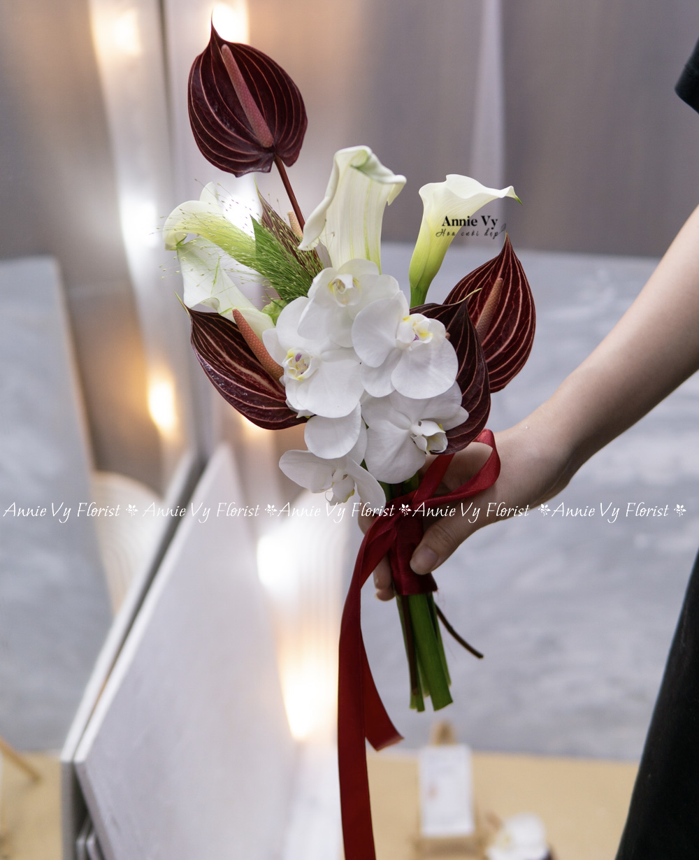 Hoa Cưới Calla Trắng mix Hồng Môn Đỏ Sọc, Lan Mini H708 - Image 3