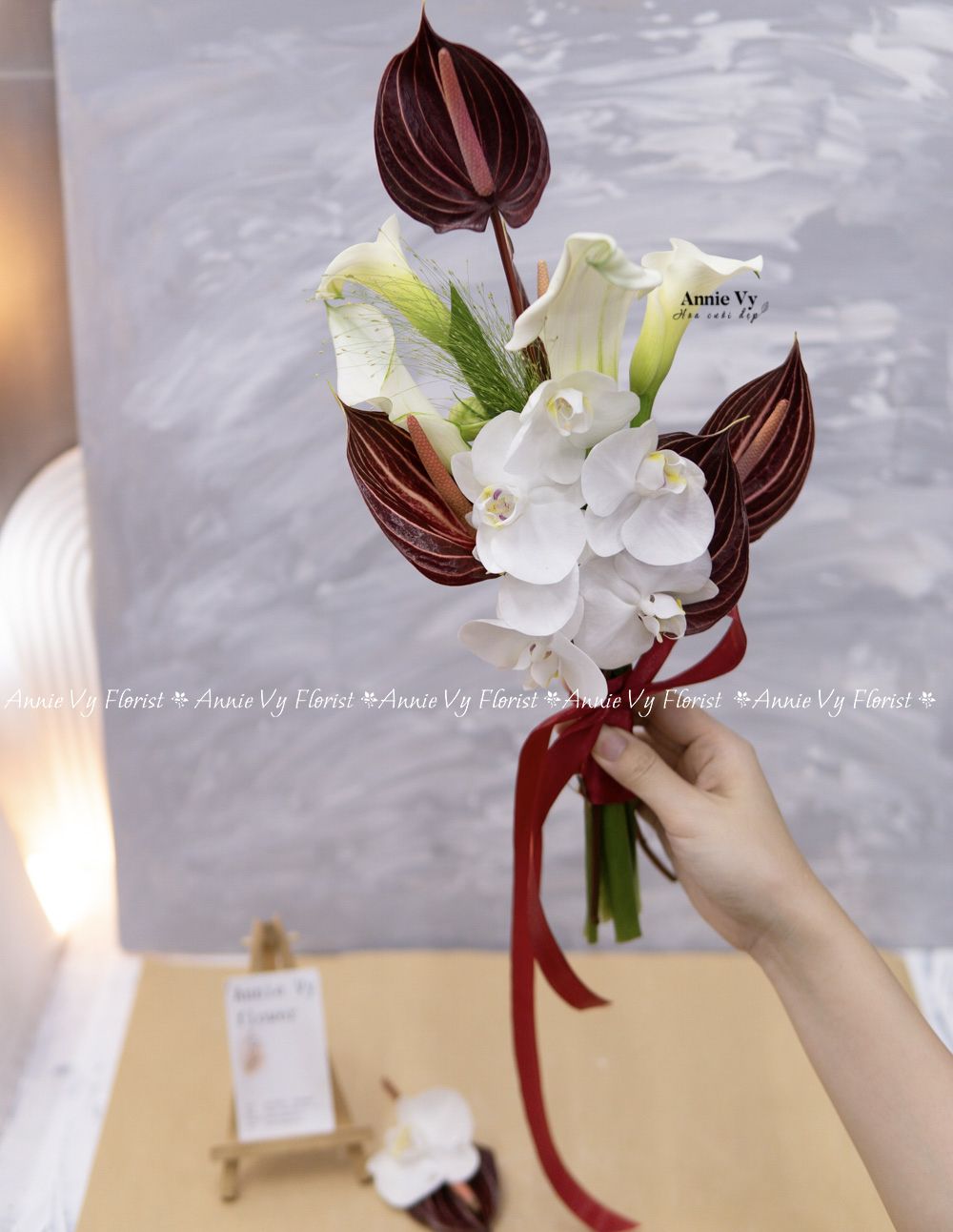 Hoa Cưới Calla Trắng mix Hồng Môn Đỏ Sọc, Lan Mini H708 - Image 5