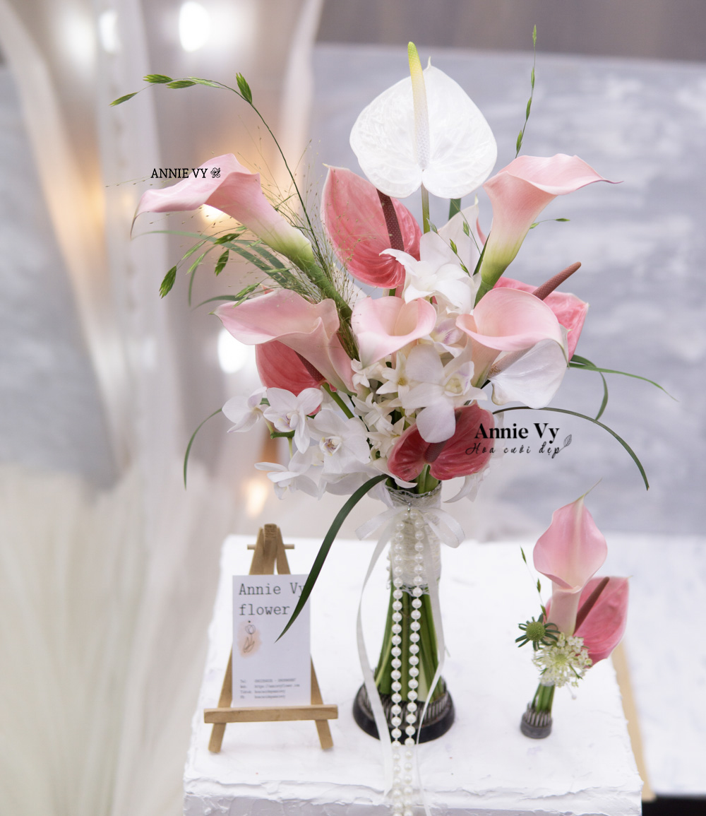 Hoa Cưới Calla Hồng mix Hồng Môn Trắng, Lan Thái H822