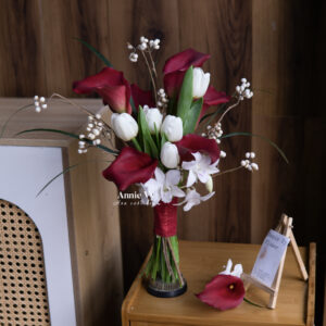 Hoa Cưới Calla Đỏ mix Tulip Trắng, Bạch Quả HA625
