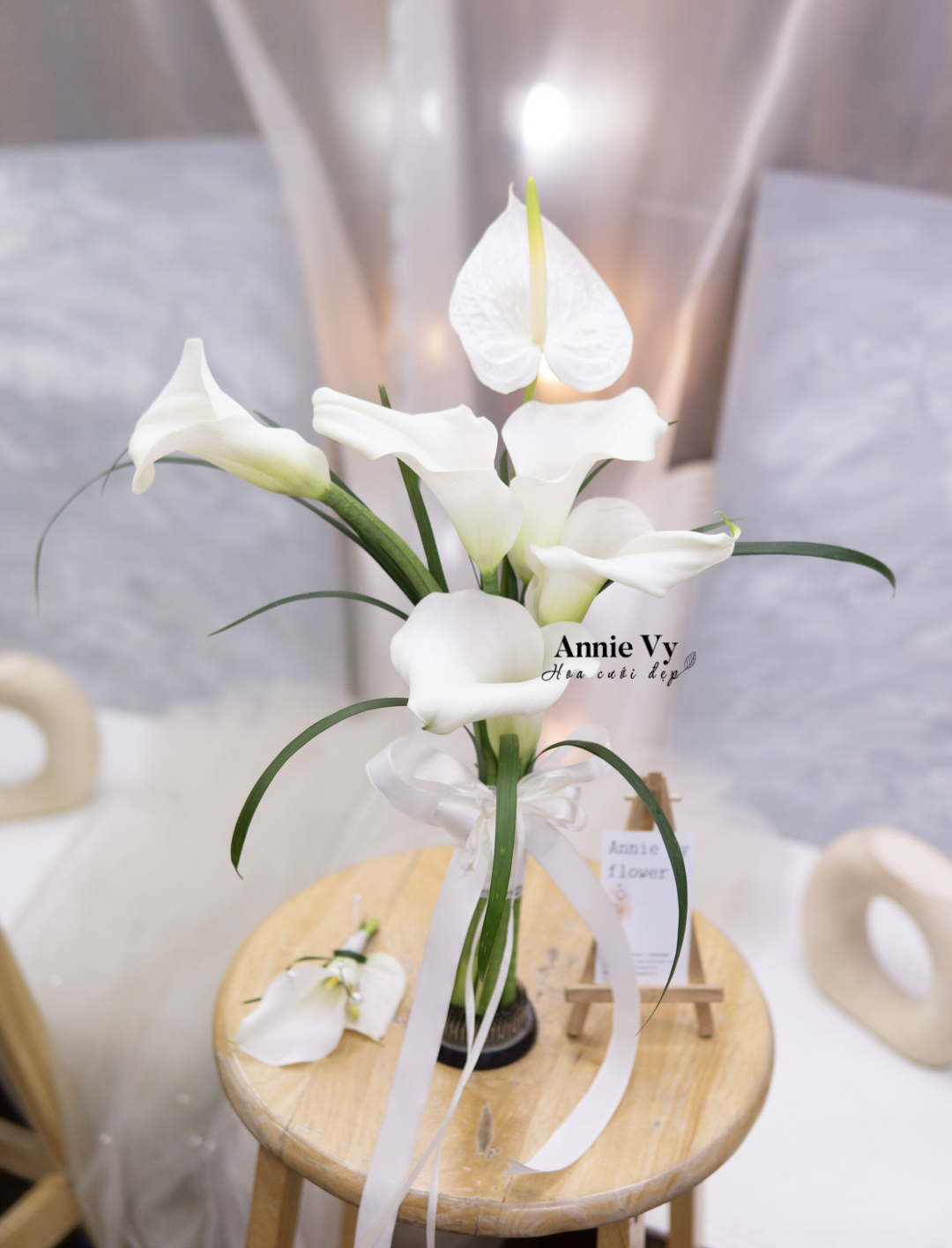 HA1005- Hoa Cưới Calla Trắng mix Hồng Môn Trắng