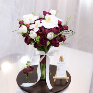 HC407- Hoa Cưới Tulip Trắng mix Hồng Chùm Red Lace